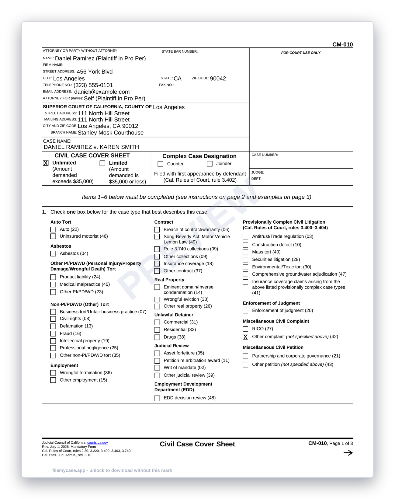 Civil case cover sheet that tells the clerk how to route your case
