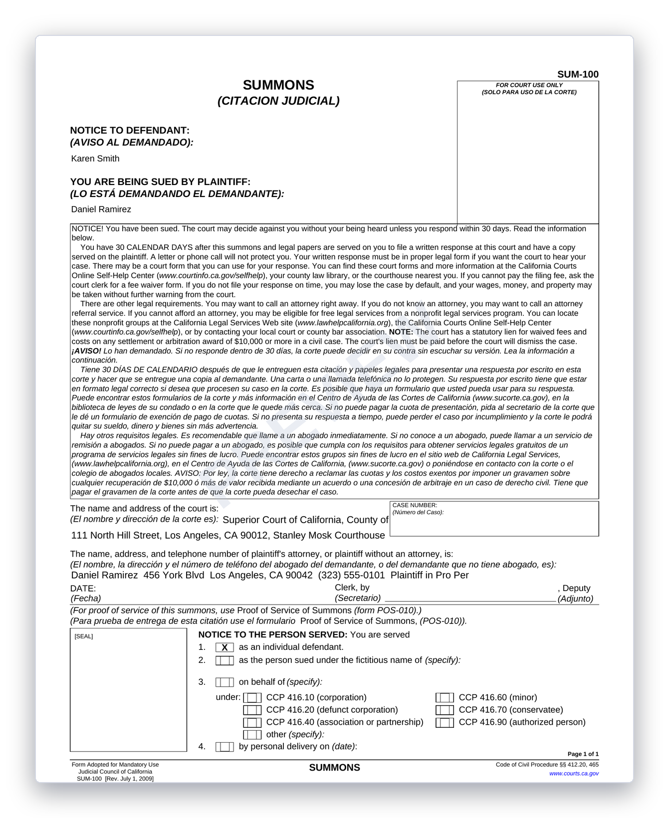 The summons the court issues to the person you are suing